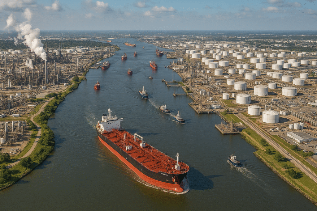Industrial refinery skyline in Texas with workers in safety gear