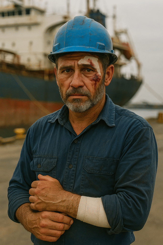 Longshore worker reporting injury to supervisor at Port of Houston.