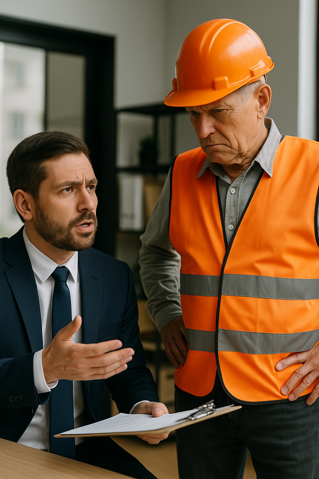 Attorney in a navy suit meeting with a construction supervisor wearing a hard hat and safety vest during a contract dispute consultation in a Houston office.
