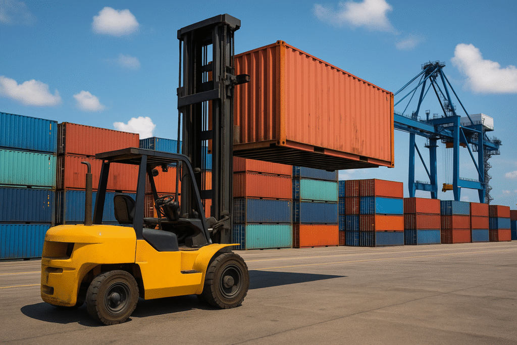 Container crane lifting cargo at Bayport Terminal in Texas