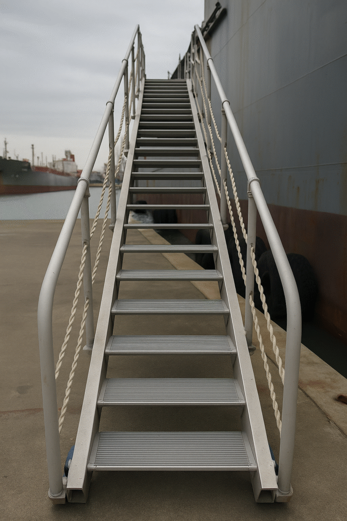 Gangway connecting vessel to dock with maritime safety equipment