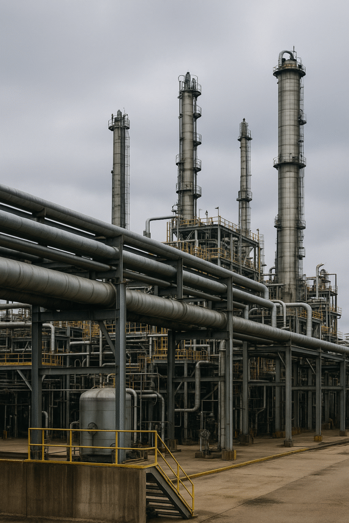 Oil refinery along the Houston Ship Channel where industrial workplace injuries commonly occur