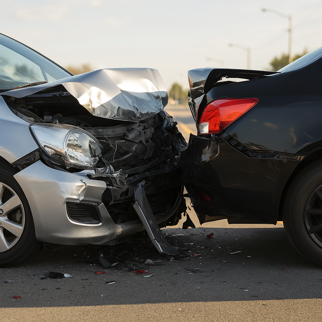 Damaged vehicles after car wreck in Pearland Texas roadway