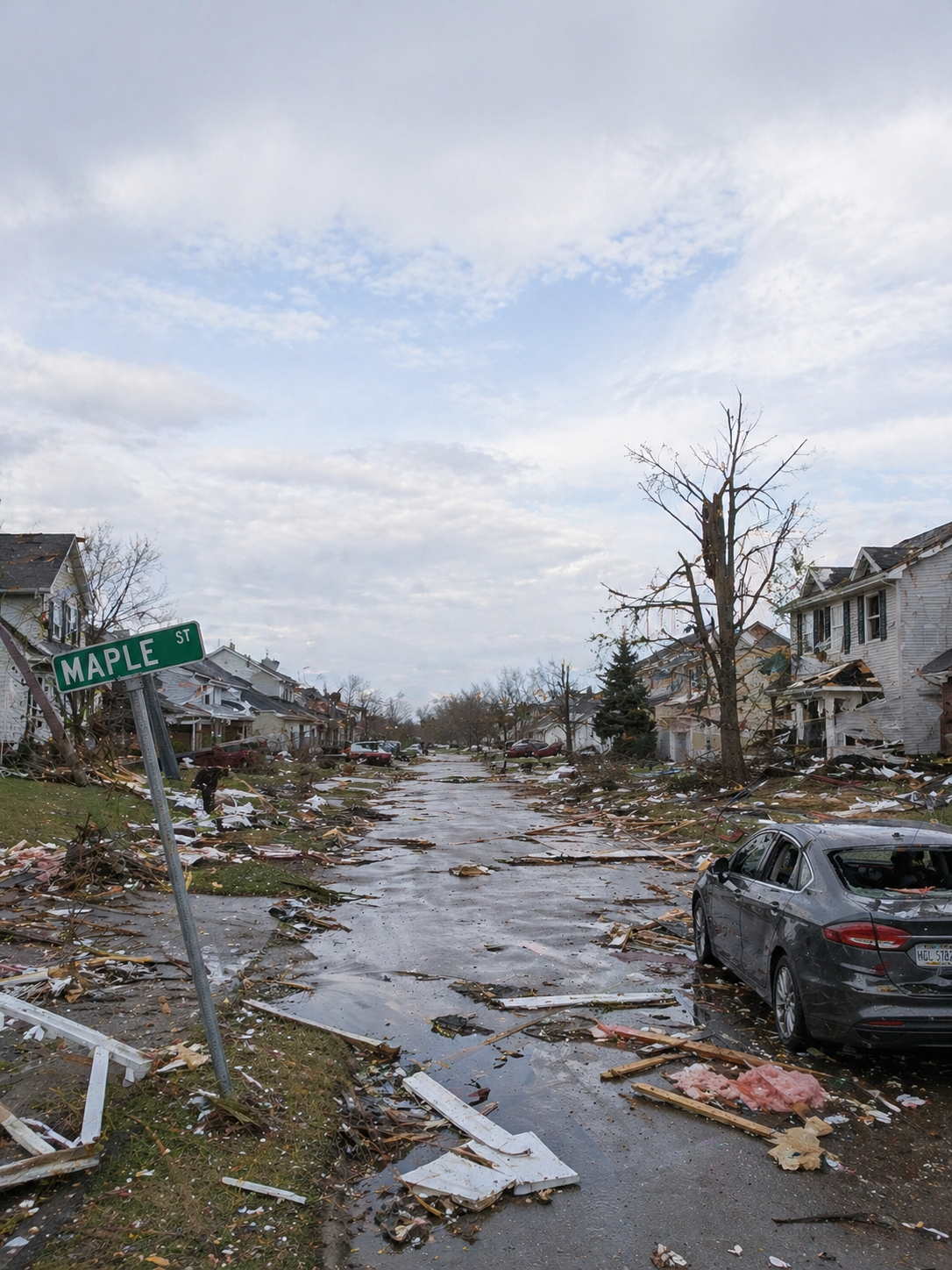 Storm-damaged residential street in Galveston Texas with roof loss, flooding, and structural damage for homeowners insurance claims