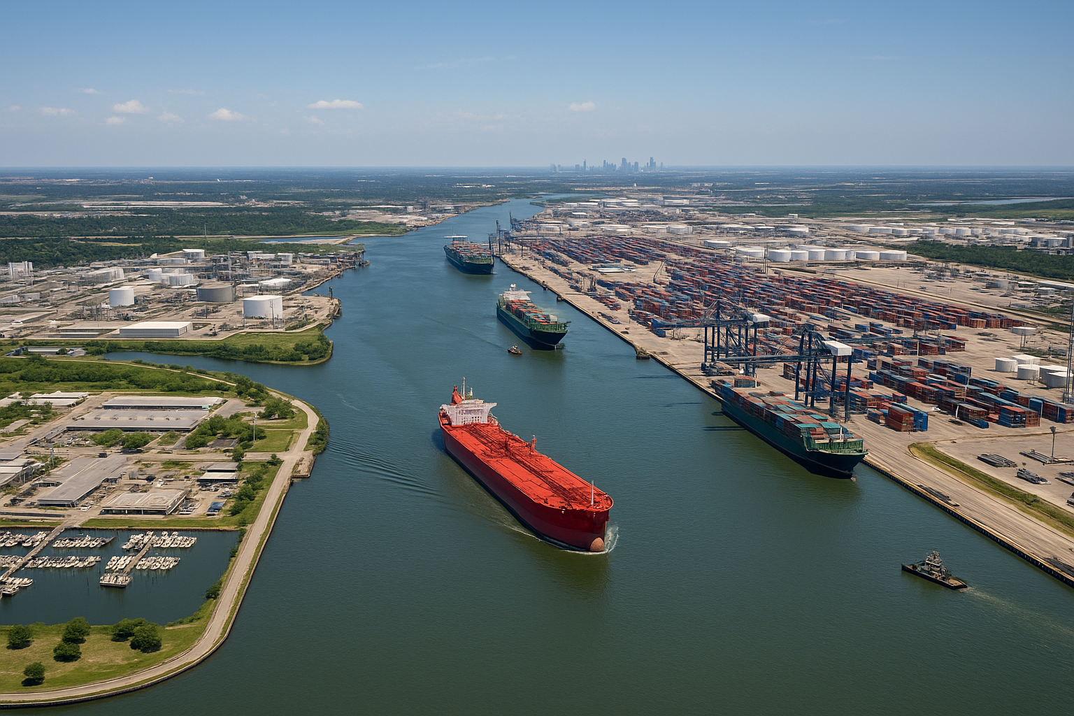 Commercial cargo vessel docked at a busy United States port, representing maritime risk management, vessel owner liability, and admiralty legal services.