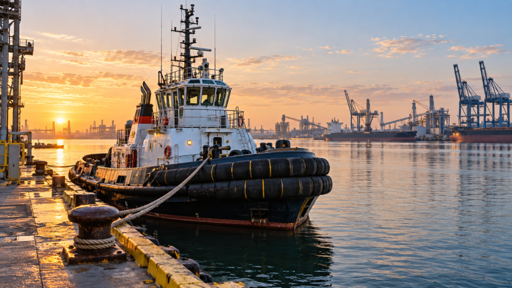 Tugboat crew member handling a line aboard a vessel docked at a Texas port