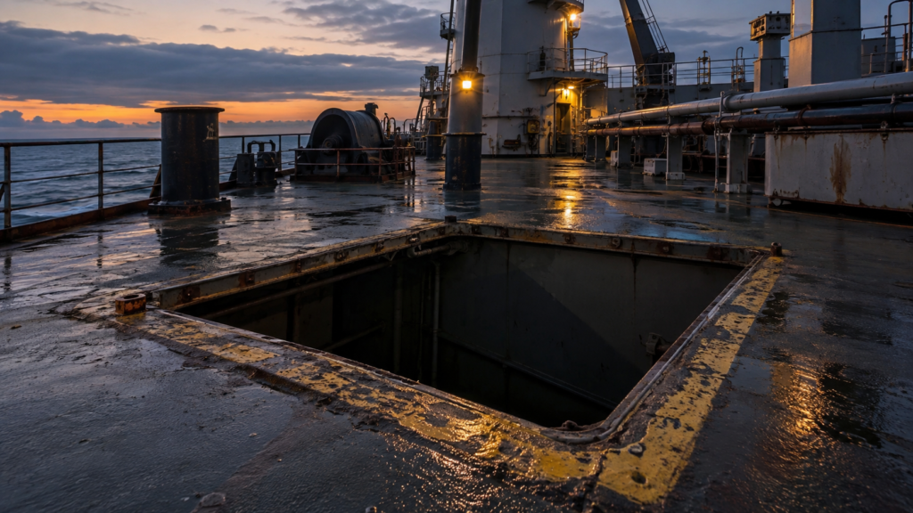 Dangerous unguarded open hatch on the wet deck of a commercial ship at dusk.