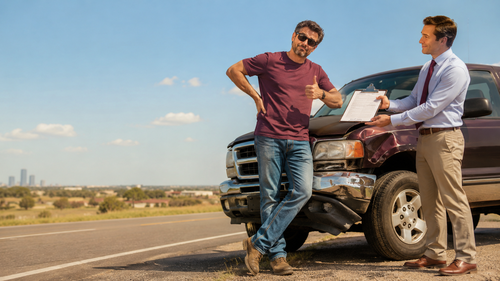 Injured Texas driver speaking with an insurance adjuster after an accident