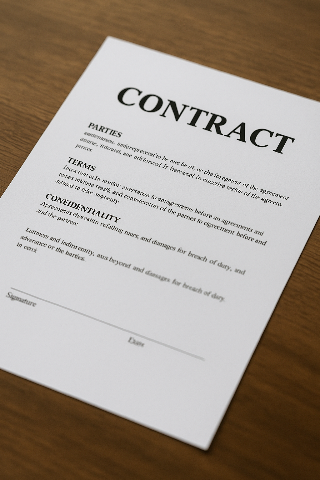 Business professional reviewing a vendor contract beside invoices and project records.